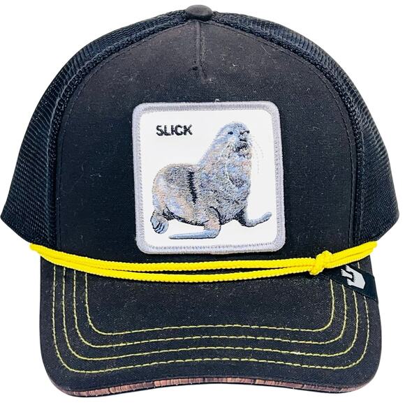 Goorin Bros The Farm Slick Seal Trucker Snapback Hat Cap Golfer Black Yellow New - Picture 1 of 5
